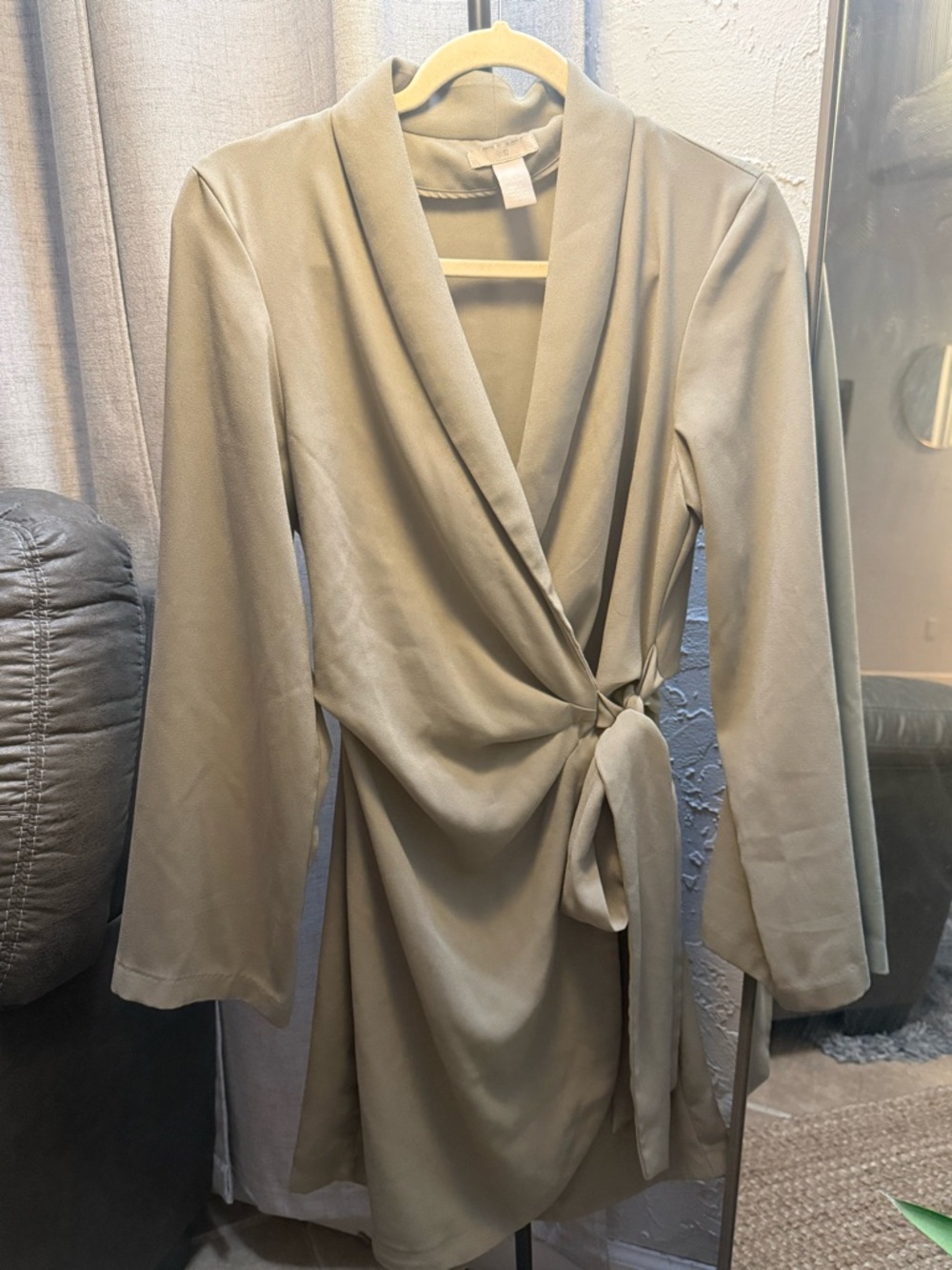H&M Olive Green Long Sleeve Wrap Dress with Tie Waist